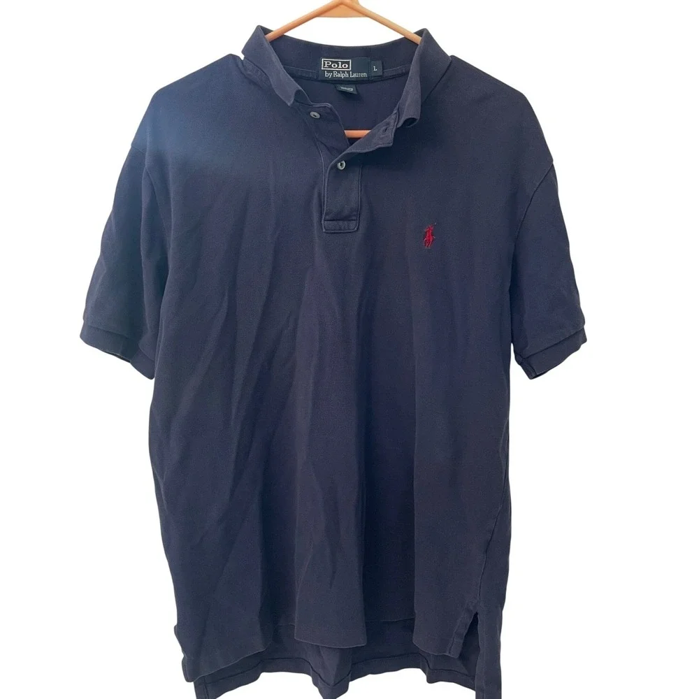 Polo Ralph Lauren Mens Large Navy Blue Short Sleeve Pique Cotton Polo Shirt Logo